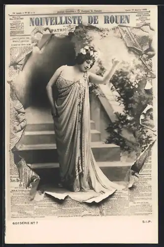 AK Frauenportrait hinter zerrissener Zeitung Nouvelliste de Rouen