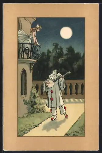 AK Pierrot musiziert für Pierette auf Balkon