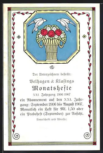 AK Bestellung eines Zeitungsabonnements für Velhagen & Klasings Monatshefte 1906 - 1907