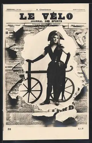 AK Frau mit Fahrrad durch zerrissene Zeitung Le Vélo