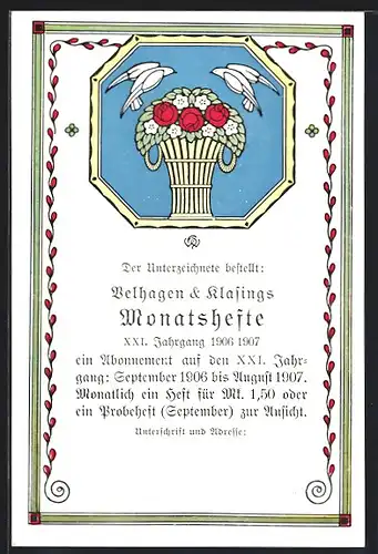AK Bestellung eines Zeitungsabonnements für Velhagen & Klasings Monatshefte 1906 - 1907
