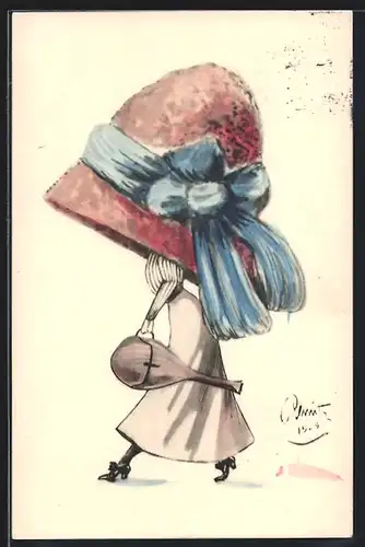 AK Dame mit übergrossem Hut und Lautengitarre, Mode