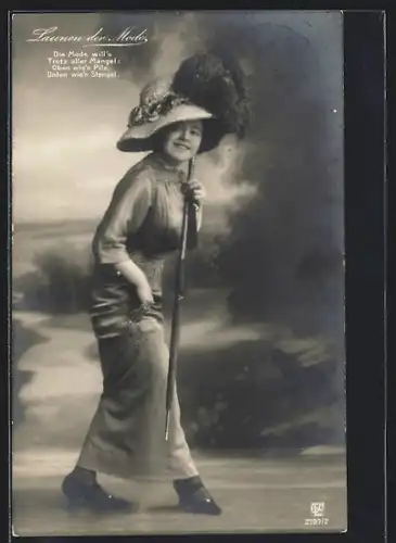 AK Launen der Mode, Junge Frau im Kleid mit Hut