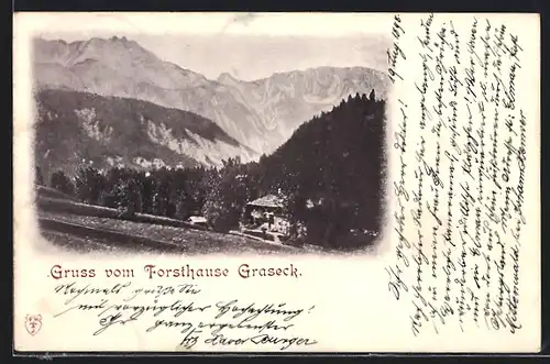 AK Garmisch-Partenkirchen, Forsthaus Graseck mit Blick auf die Alpen