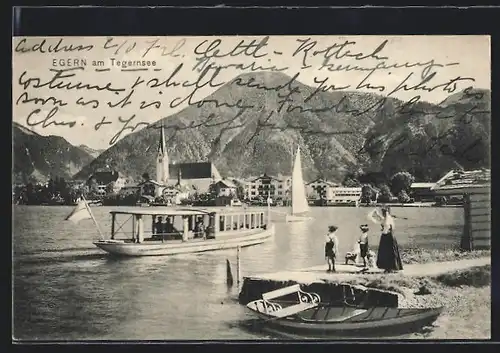 AK Egern am Tegernsee, Uferpartie mit Kirche und Booten