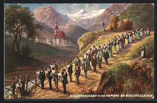 Künstler-AK Ramsau bei Berchtesgaden, Parade einer Bauernhochzeit mit Musikkapelle