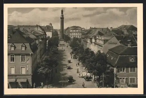 AK Darmstadt, Rheinstrasse mit Denkmal