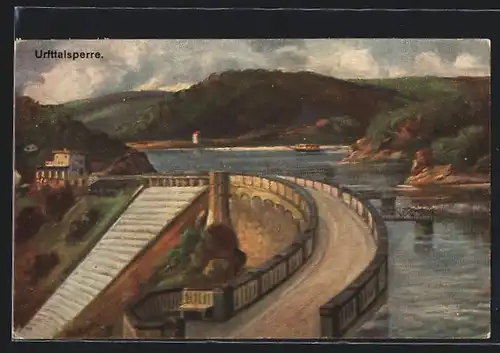 Künstler-AK Schleiden, Urfttalsperre mit Boot auf dem Wasser