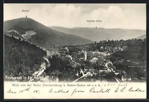 AK Ebersteinburg b. Baden-Baden, Blick vom Restaurant in der Ruine Ebersteinburg mit Merkur und Badener Höhe