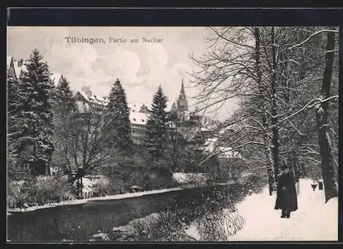 AK Tübingen, Neckarpartie mit Mann im Schnee