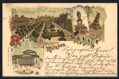 Lithographie München, Hoftheater, Maximilian-Denkmal, Max-Joseph-Denmal