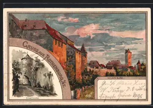 Lithographie Rothenburg o. d. T., Alte Burg im Abendlicht