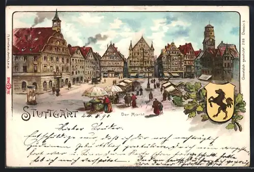 Lithographie Stuttgart, Blick auf den Markt, Wappen