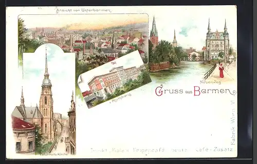 Lithographie Barmen, Ortsansicht Unterbarmen, Rathhaus Neuenweg