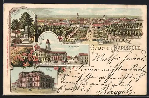Lithographie Karlsruhe, Totalansicht der Stadt, Marktplatz, Kriegerdenkmal und Hoftheater