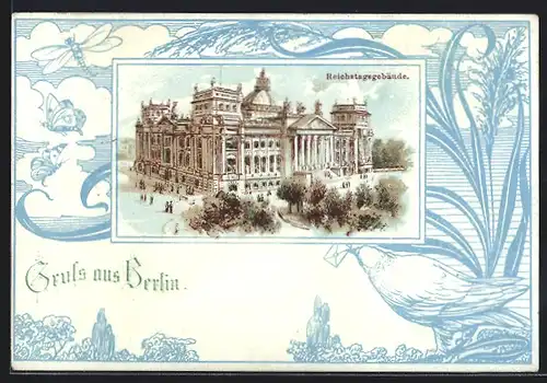 Künstler-AK Berlin-Tiergarten, Reichstagsgebäude, Taube mit Kuvert, Passepartout
