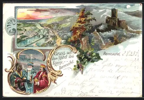 Lithographie Berncastel, Hotel drei Könige, Burg bei Mondschein, Panorama