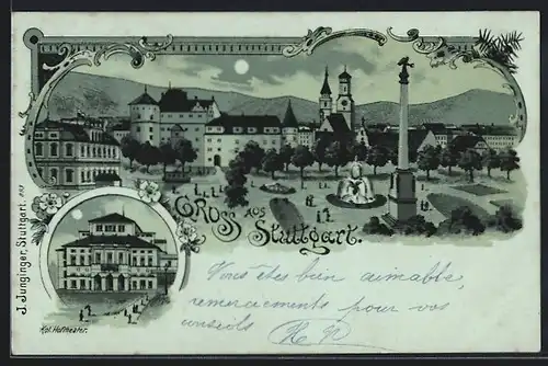 Lithographie Stuttgart, Ortsansicht mit Hoftheater