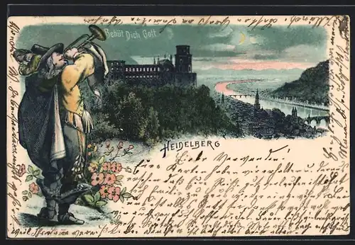 Lithographie Heidelberg, Teilansicht mit Burg bei Mondschein, Trompeter