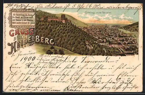 Lithographie Heidelberg, Teilansicht mit Burg von der Terrasse