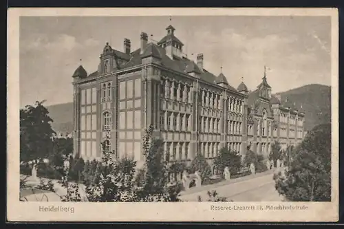 AK Heidelberg-Neuenheim, Strassenpartie am Reserve-Lazarett Schulhaus, Mönchhofstrasse