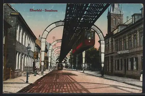 AK Elberfeld-Barmen, Hauptrasse Sonnborn mit Schwebebahn