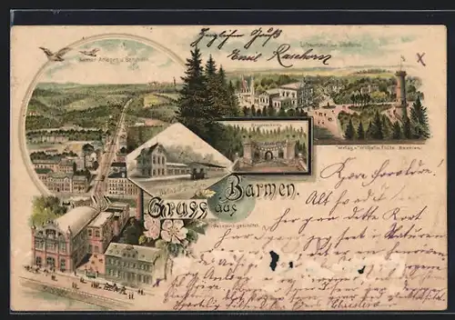 Vorläufer-Lithographie Barmen, 1894, Barmer Anlagen und Bergbahn, Luftkurhaus und Töllethurm