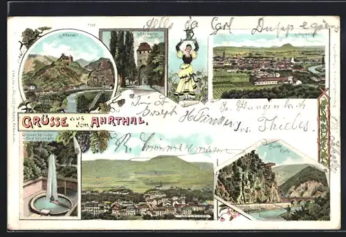 Lithographie Altenahr /Ahrthal, Panorama, Ahrweiler Stadt-Tor, Grosser Sprudel von Bad Neuenahr