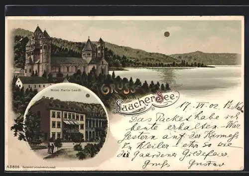 Lithographie Maria Laach, Laacher See, Hotel, Kirche