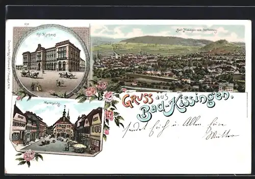 Lithographie Bad Kissingen, Ortsansicht aus der Vogelschau, Kgl. Kurhaus und Marktplatz