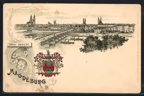 Lithographie Magdeburg, Totalansicht mit Brücke, Wappen