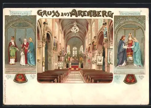 Lithographie Arenberg, Inneres der Kirche als Tryptichon mit Opferung und Maria Vermählung