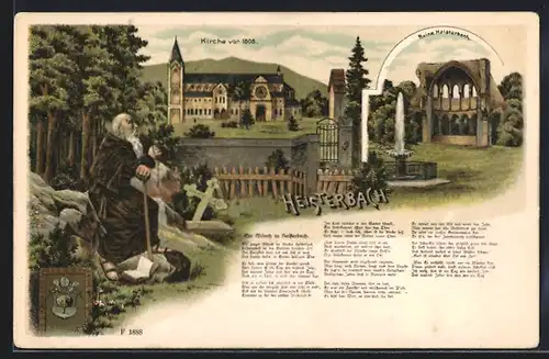 Lithographie Heisterbach, Ruine Heisterbach, Kirche, Mönch