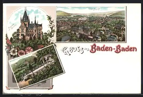 Lithographie Baden-Baden, Totalansicht, Schloss Soloms, Das Echo