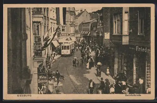 AK Siegburg, belebte Bahnhofstrasse, Strassenbahn