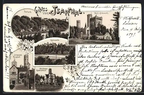 Lithographie Pullach, Ortsansicht, Burg Schwanek, Grünwald
