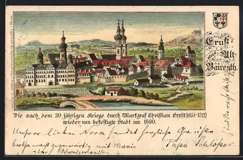 Lithographie Bayreuth, Histrorische Darstellung der neu befestigten Stadt um 1690