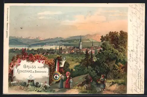 Lithographie Konstanz a. Bodensee, Teilansicht und Frauen mit Kind