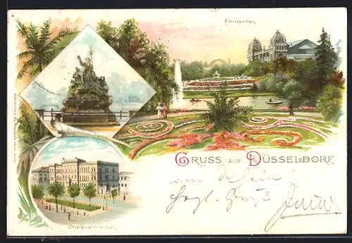 Lithographie Düsseldorf, Provinzialdenkmal, Oberpostdirektion, Floragarten