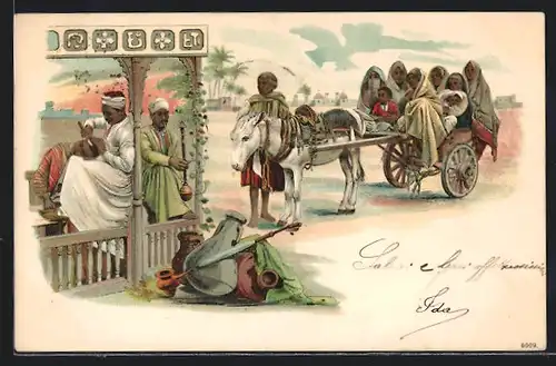AK Arabischer Friseur und Familie mit Eselsgespann