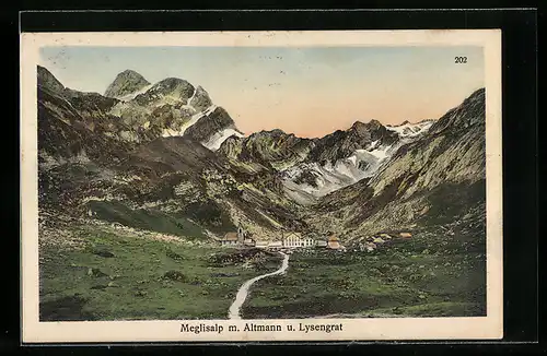 AK Appenzell, Gasthaus Meglisalp mit Altmann und Lysengrat