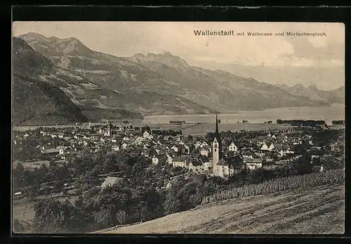 AK Wallenstadt, Gesamtansicht mit Wallensee und Mürtschenstock