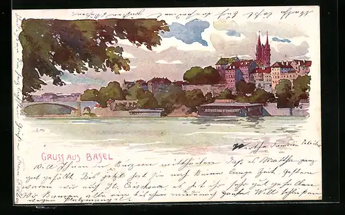 AK Basel, Panorama mit Flusspartie und Brücke