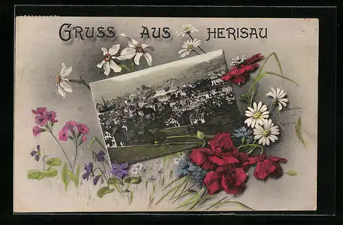 Passepartout-AK Herisau, Gesamtansicht, Blumen