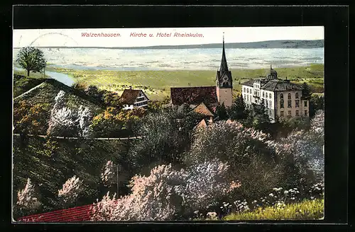 AK Walzenhausen, Kirche und Hotel Rheinkulm aus der Vogelschau
