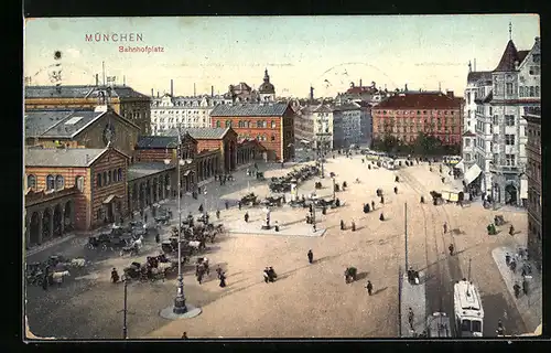 AK München, Bahnhofsplatz mit Strassenbahn