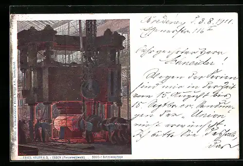 AK Essen, Fabrikarbeiter der Friedr. Krupp AG im Panzerwalzwerk an der 5000-t Schmiedepresse