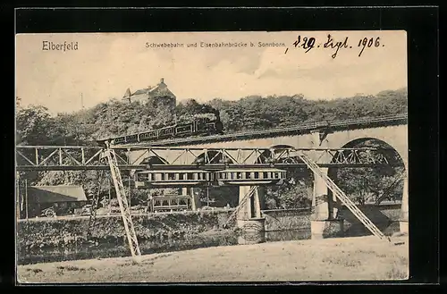 AK Elberfeld, Schwebebahn und Eisenbahnbrücke bei Sonnborn