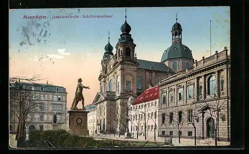 AK Mannheim, Jesuitenkirche und Schillerdenkmal