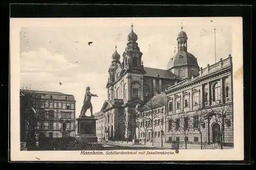 AK Mannheim, Schillerdenkmal mit Jesuitenkirche